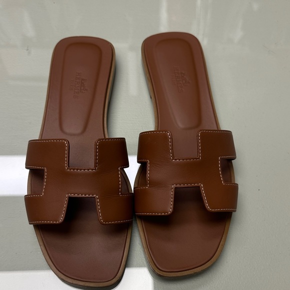 Hermes Shoes - Hermes Brown Oran Leather Slide Sandals